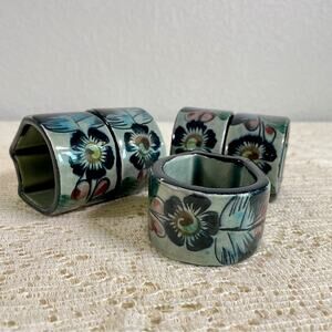 Floral Hand Painted Mexican Pottery Napkin Rings